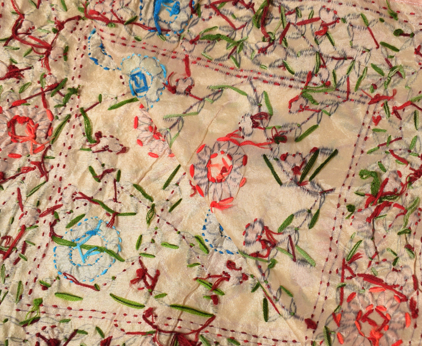Sushila Vintage Beige Dupatta Art Silk Handmade Floral Phulkari OOAK Long Stole