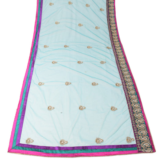 Sushila Vintage Polki Kundan Embroidered Dupatta Teal Blue Net Floral Long Stole