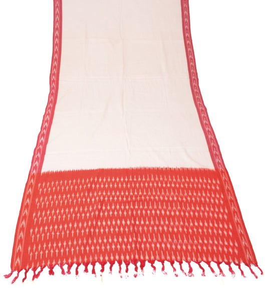 Sushila Vintage Cream Red Dupatta Pure Cotton Hand Woven Ikat Long Stole Wrap