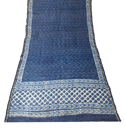 Sushila Vintage Handmade Blue Dupatta Pure Cotton Silk Printed Leaves Long Stole