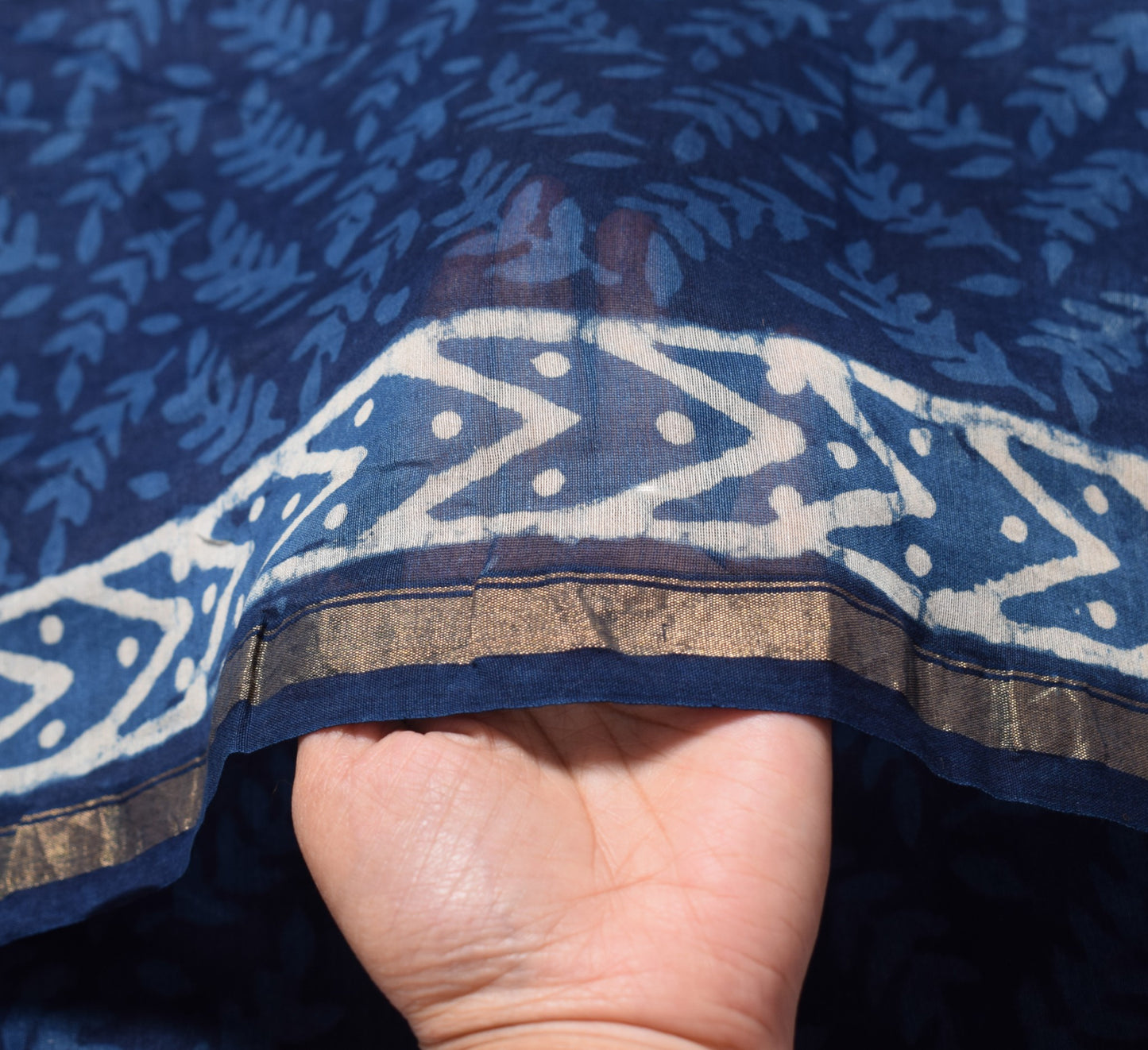 Sushila Vintage Handmade Blue Dupatta Pure Cotton Silk Printed Leaves Long Stole