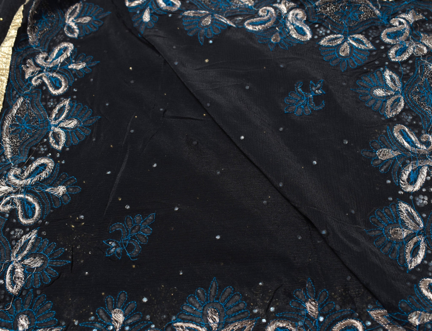 Sushila Vintage Black Dupatta HEAVY Black Stone Work Pure Chiffon Long Stole