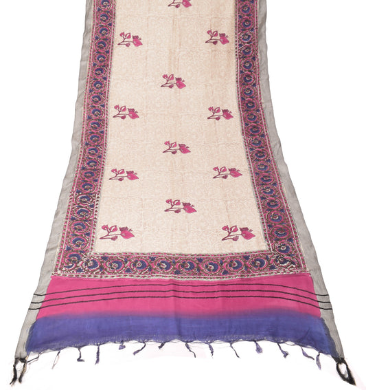 Sushila Vintage Cream Floral Dupatta Pure Woolen Hand Printed Warm Long Stole