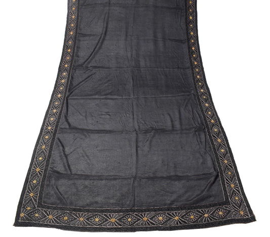 Sushila Vintage Hand Embroidered Dupatta 100% Pure Silk Black Long Stole Wrap