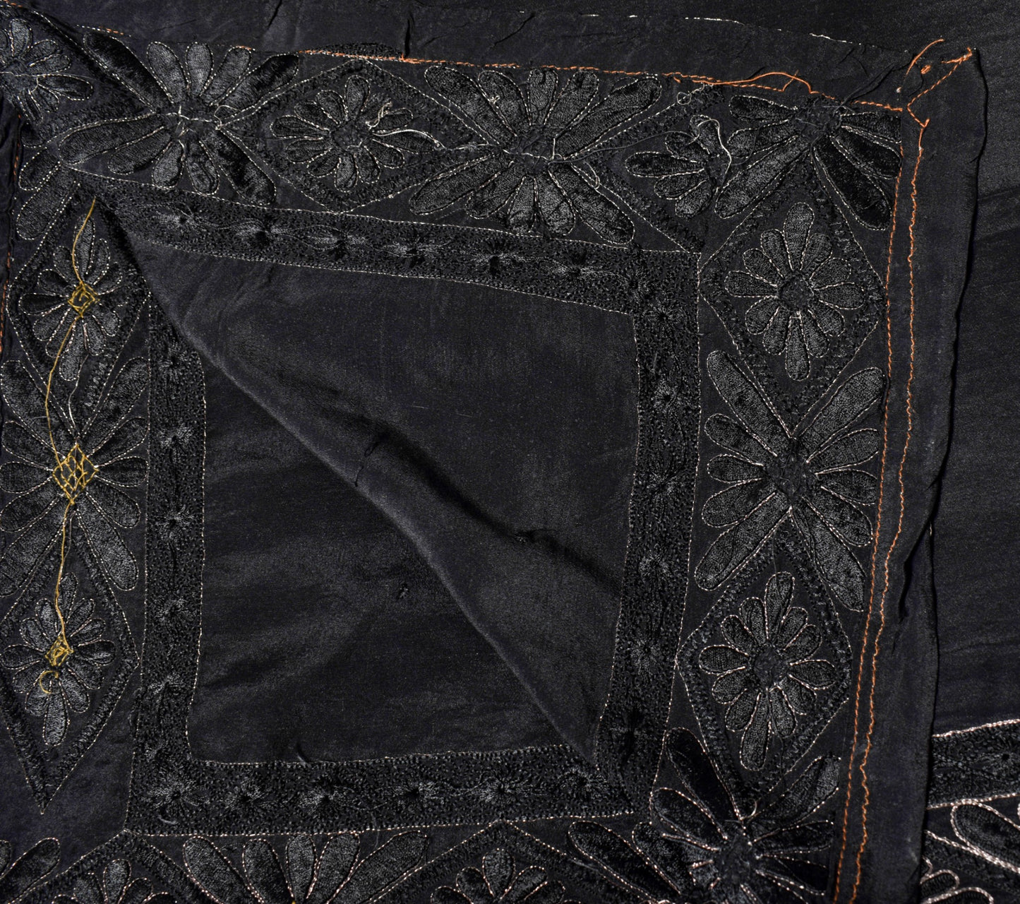 Sushila Vintage Hand Embroidered Dupatta 100% Pure Silk Black Long Stole Wrap
