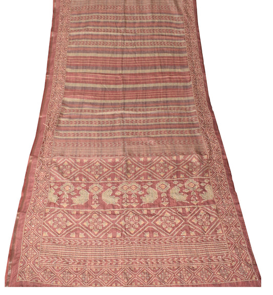 Sushila Vintage Brown Dupatta Stripes Print Handmade Kantha Art Silk Long Stole