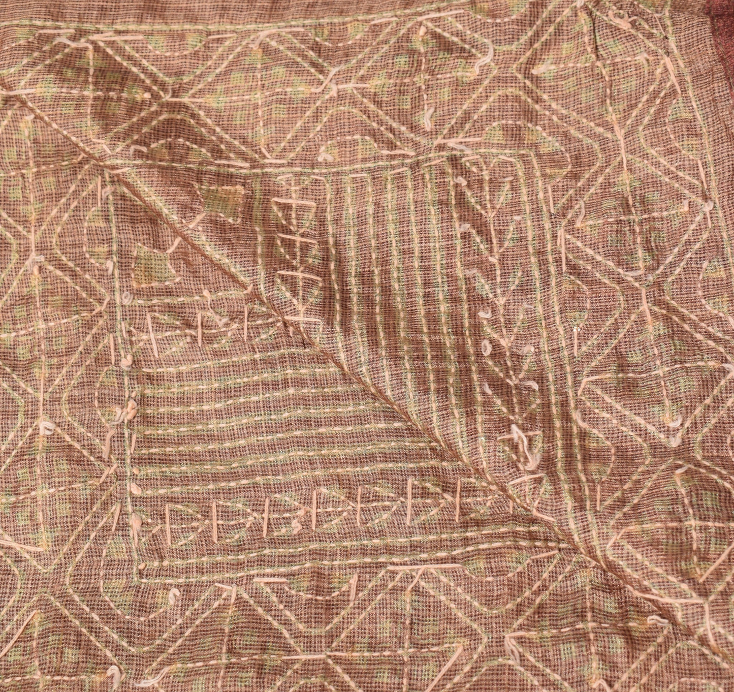 Sushila Vintage Brown Dupatta Stripes Print Handmade Kantha Art Silk Long Stole