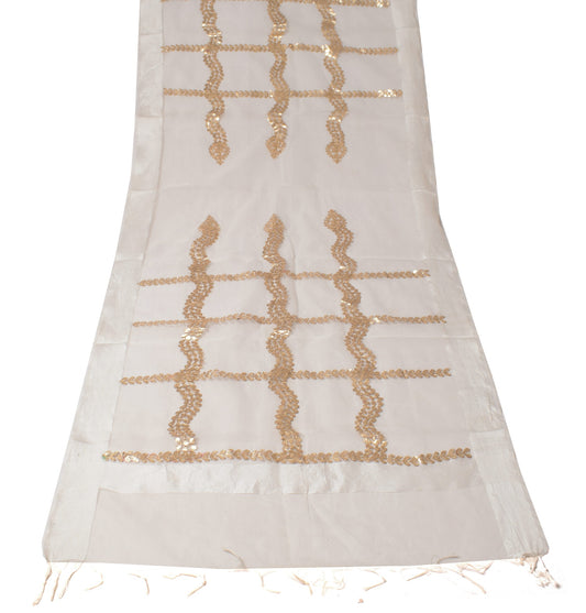 Sushila Vintage White Dupatta Gold Floral Embroidery Art Organza Silk Long Stole