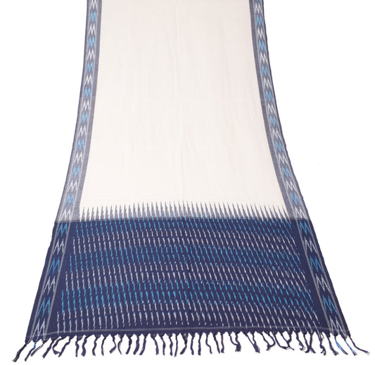 Sushila Vintage White Blue Dupatta Pure Cotton Hand Woven Ikat Long Stole Wrap