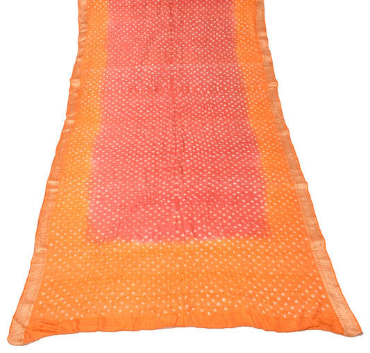 Sushila Vintage Bandhani Dupatta Woven Border Pure Silk Red Orange Long Stole