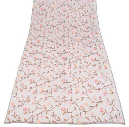 Sushila Vintage Floral Embroidered Dupatta Art Organza Silk Gray Long Stole Wrap