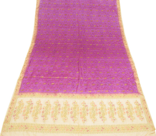 Sushila Vintage Purple Cream Dupatta Pure Tussar Silk Woven Soft Long Stole Wrap