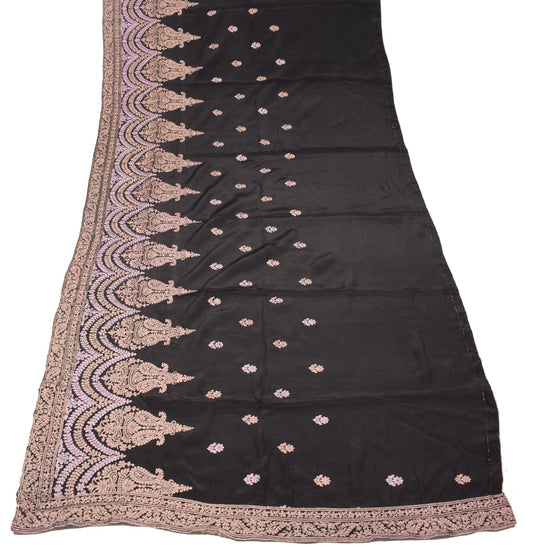 Sushila Vintage Zari Embroidered Dupatta Pure Crepe Silk Floral Black Long Stole