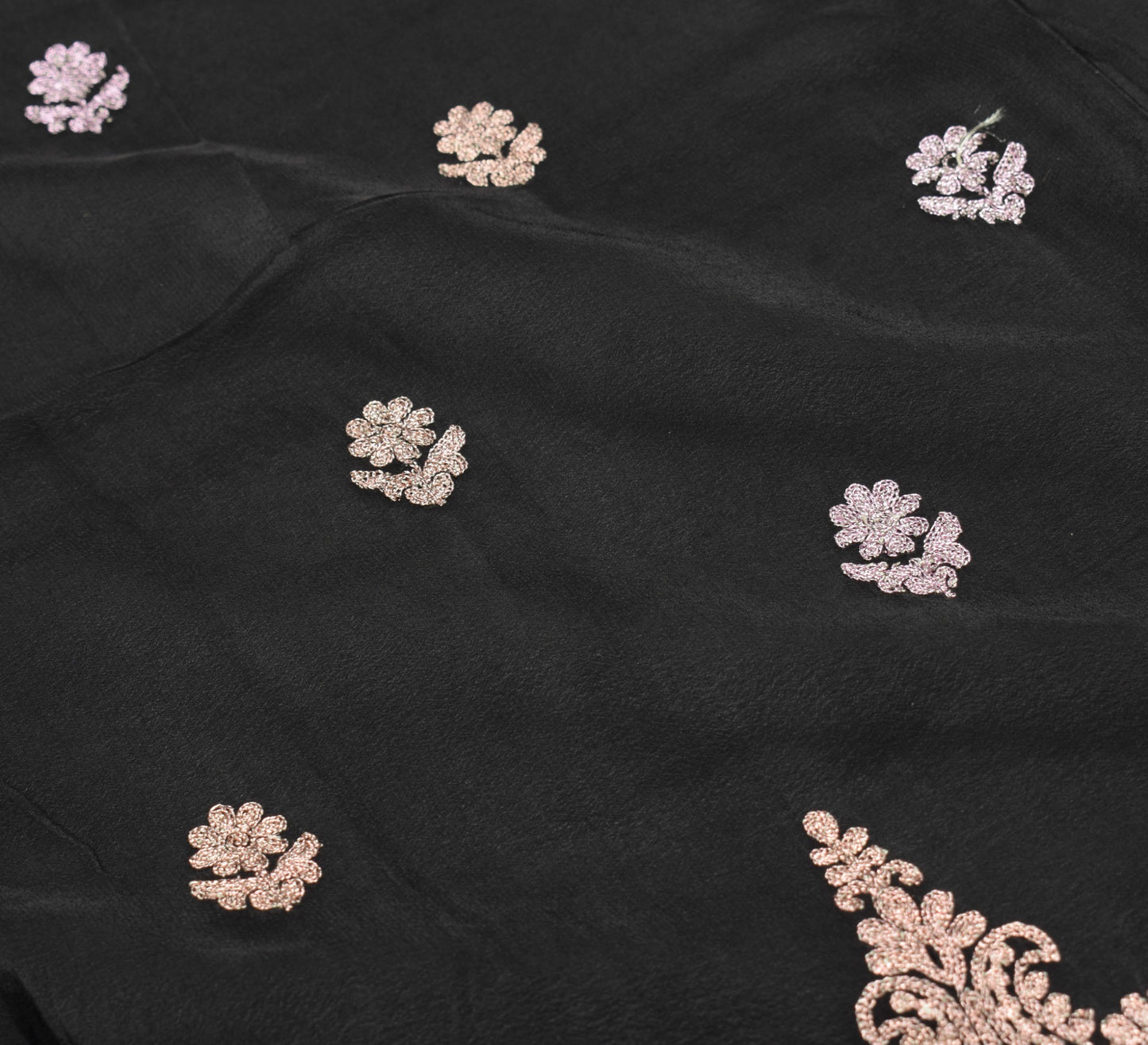 Sushila Vintage Zari Embroidered Dupatta Pure Crepe Silk Floral Black Long Stole