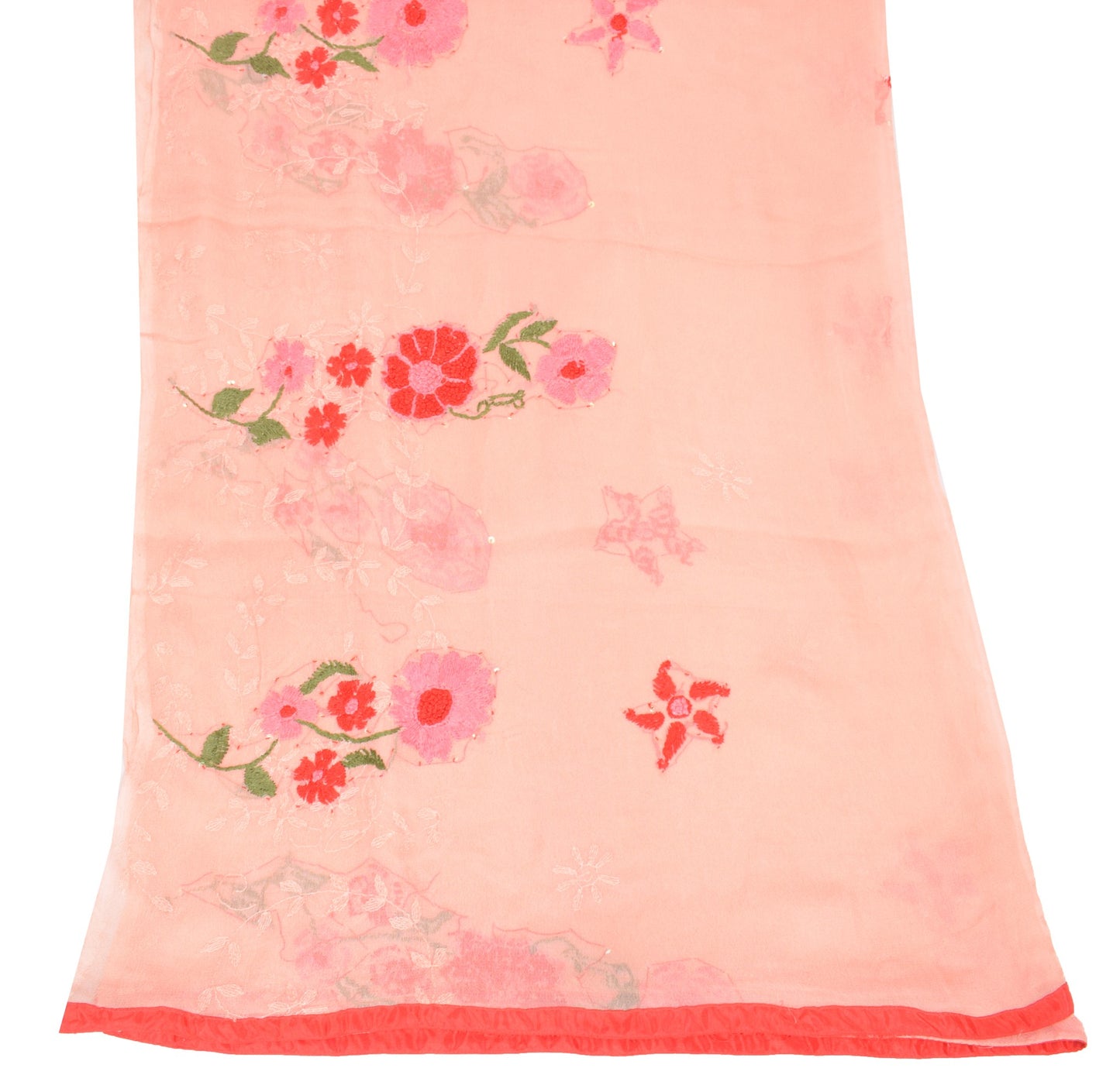 Sushila Vintage Peach Red Dupatta Pure Georgette Hand Embroidered Long Stole