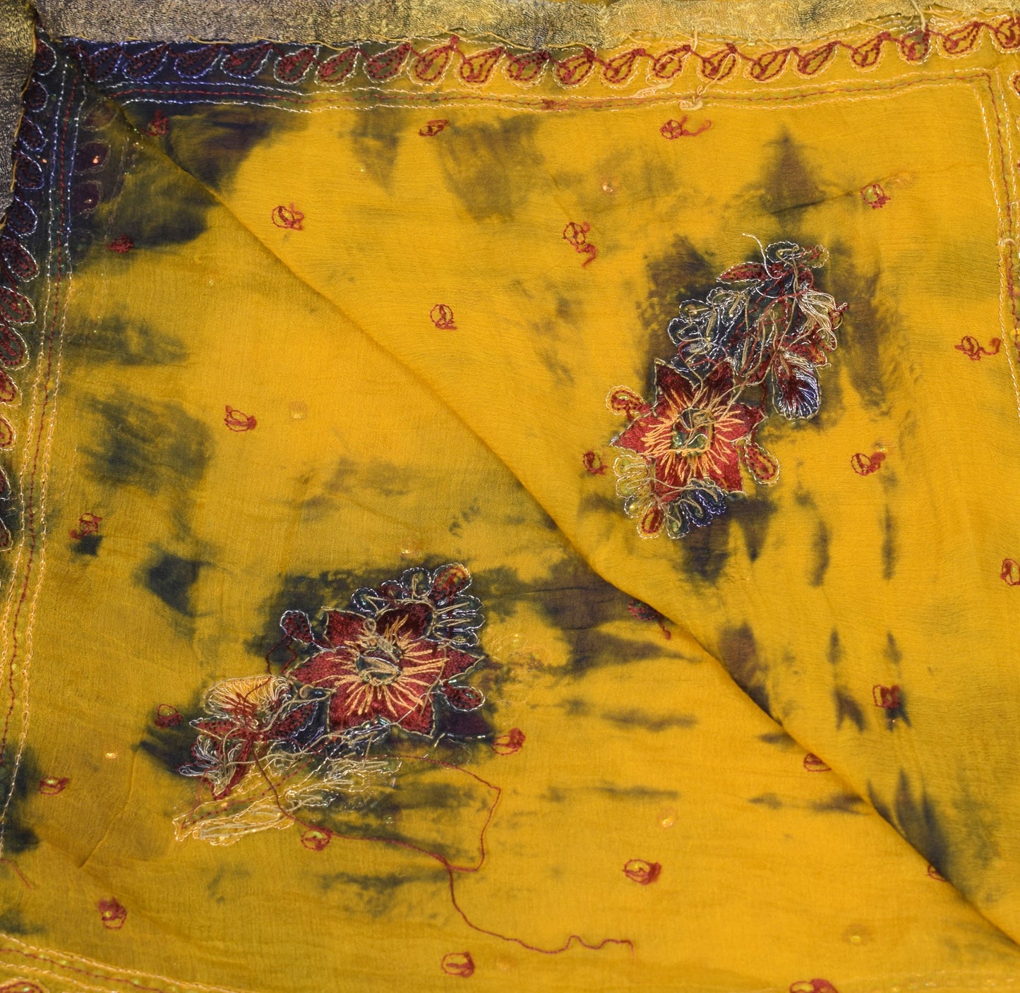 Sushila Vintage Yellow TieDye Dupatta Sequins Embroidered Pure Chiffon LongStole