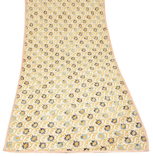 Sushila Vintage OOAK Cream Dupatta Art Silk Handmade Phulkari Long Stole Wrap