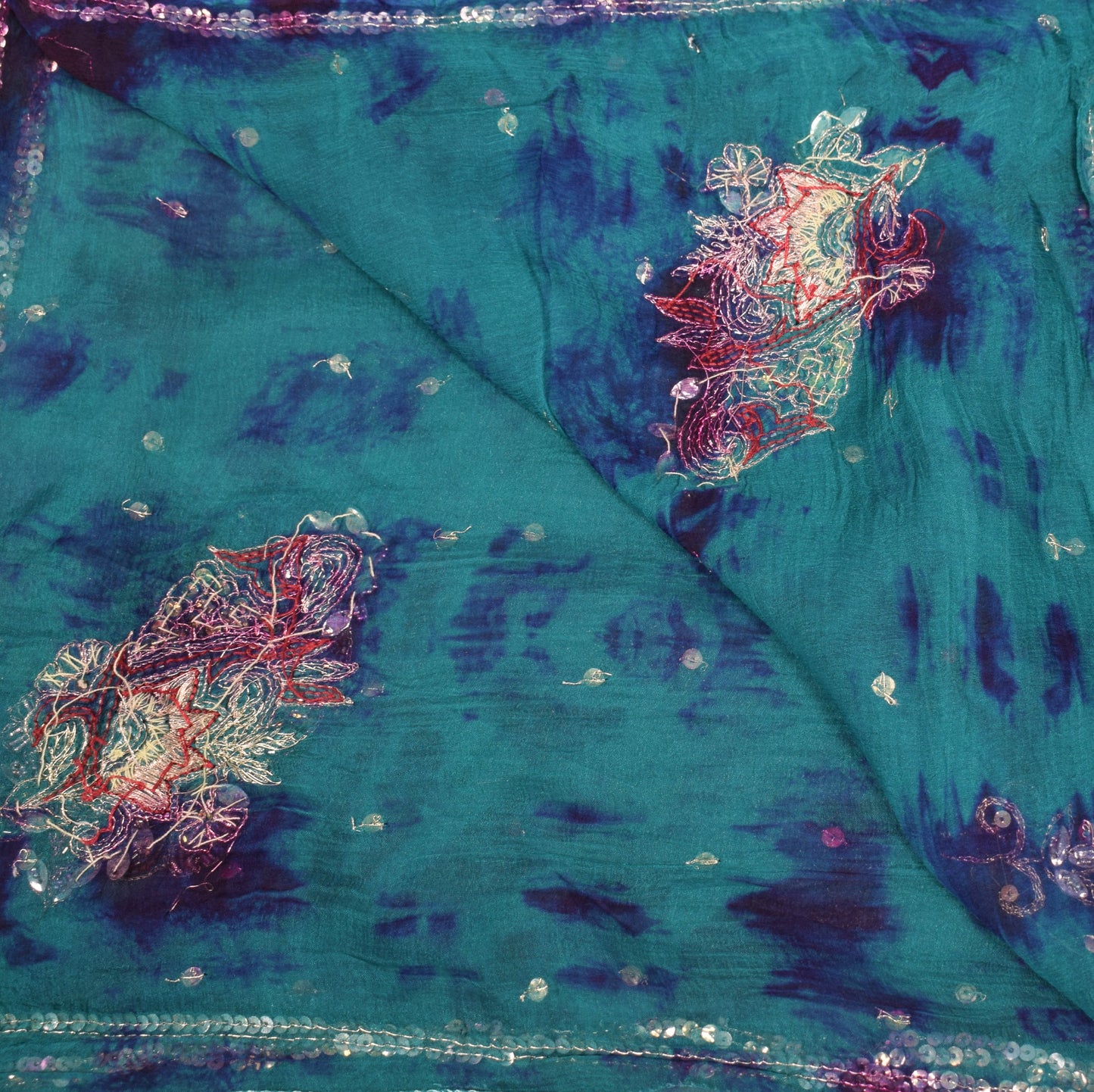Sushila Vintage Tie-Dye Teal Blue Dupatta Hand Beaded Pure Chiffon Long Stole