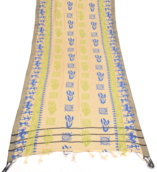 Sushila Vintage Pure Woolen Beige Dupatta Warli Printed Soft Warm LongStole Veil
