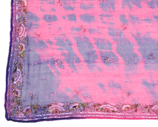 Sushila Vintage Floral Embroider Dupatta Magenta Tie-Dye Pure Chiffon Long Stole