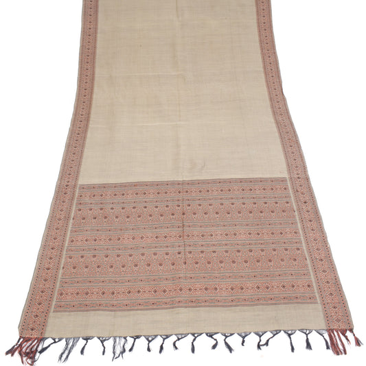 Sushila Vintage Brown Dupatta Art Cotton Hand Woven Floral Indian Long Stole