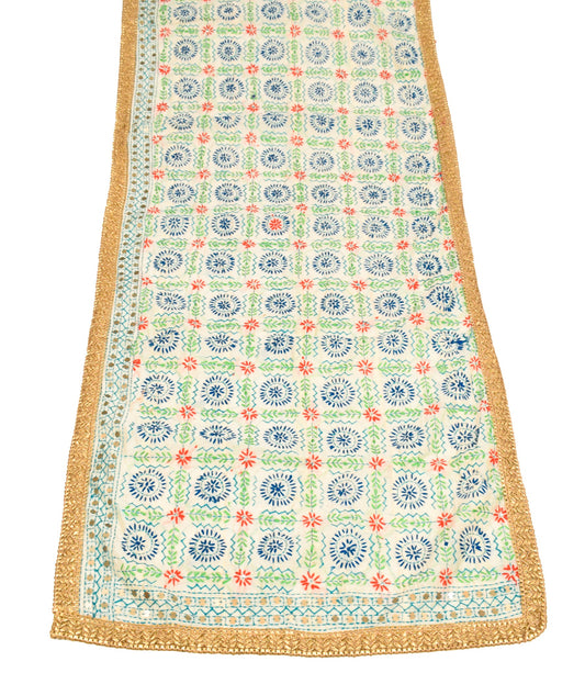 Sushila Vintage OOAK Dupatta Art Silk Handmade Phulkari Long Stole Wrap Cream