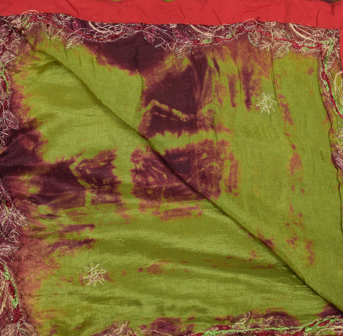 Sushila Vintage Henna Green Tie-Dye Dupatta Pure Chiffon Embroidered Long Stole