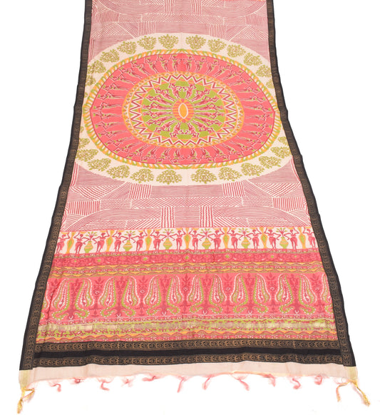 Sushila Vintage Mandala Cream Dupatta Pure Cotton Silk Hand Printed Long Stole