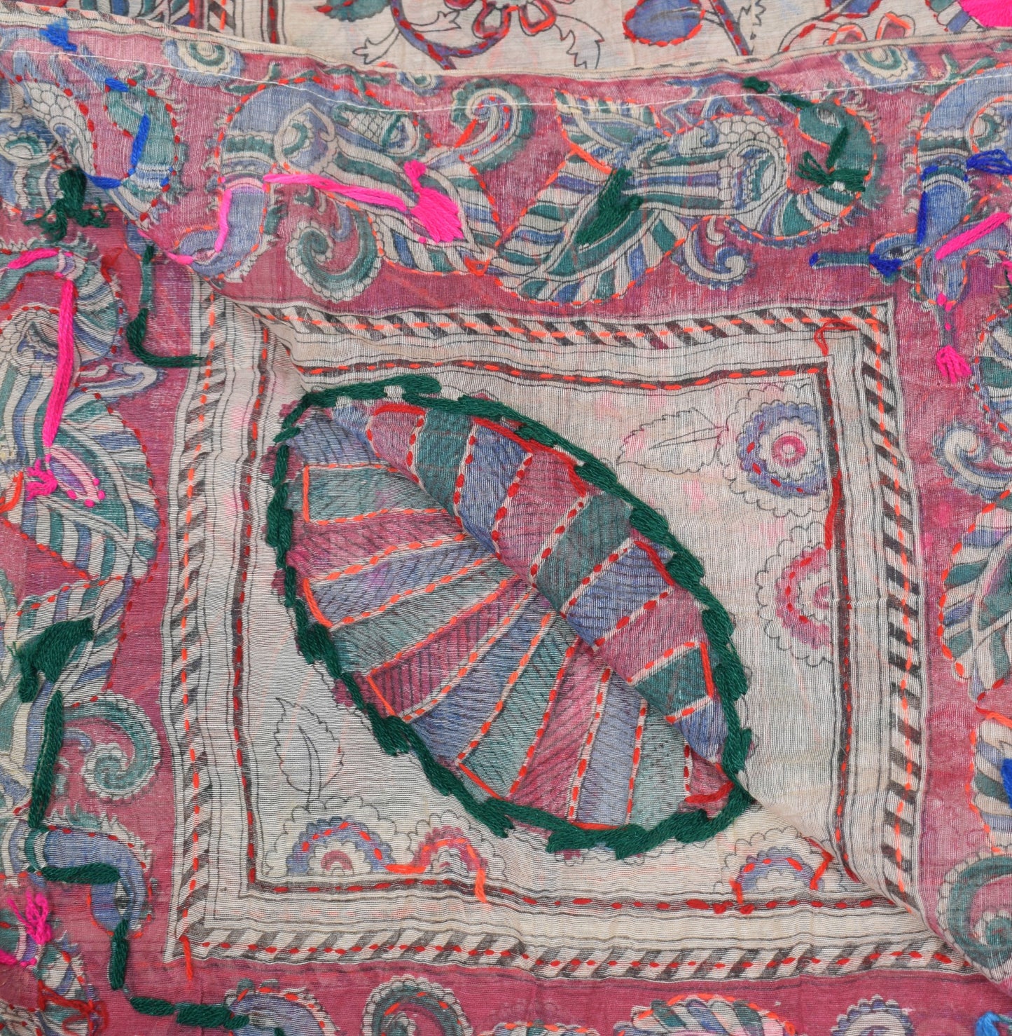 Sushila Vintage Cream Long Stole Cotton Chanderi Hand Print Katha Stitch Dupatta