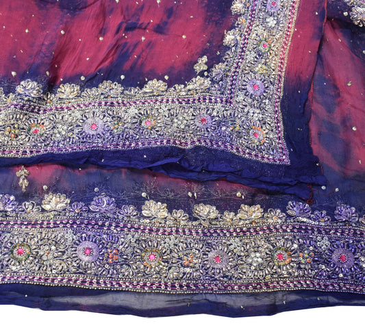 Sushila Vintage Hand Beaded Dupatta Pure Chiffon Tie-Dye magenta Long Stole