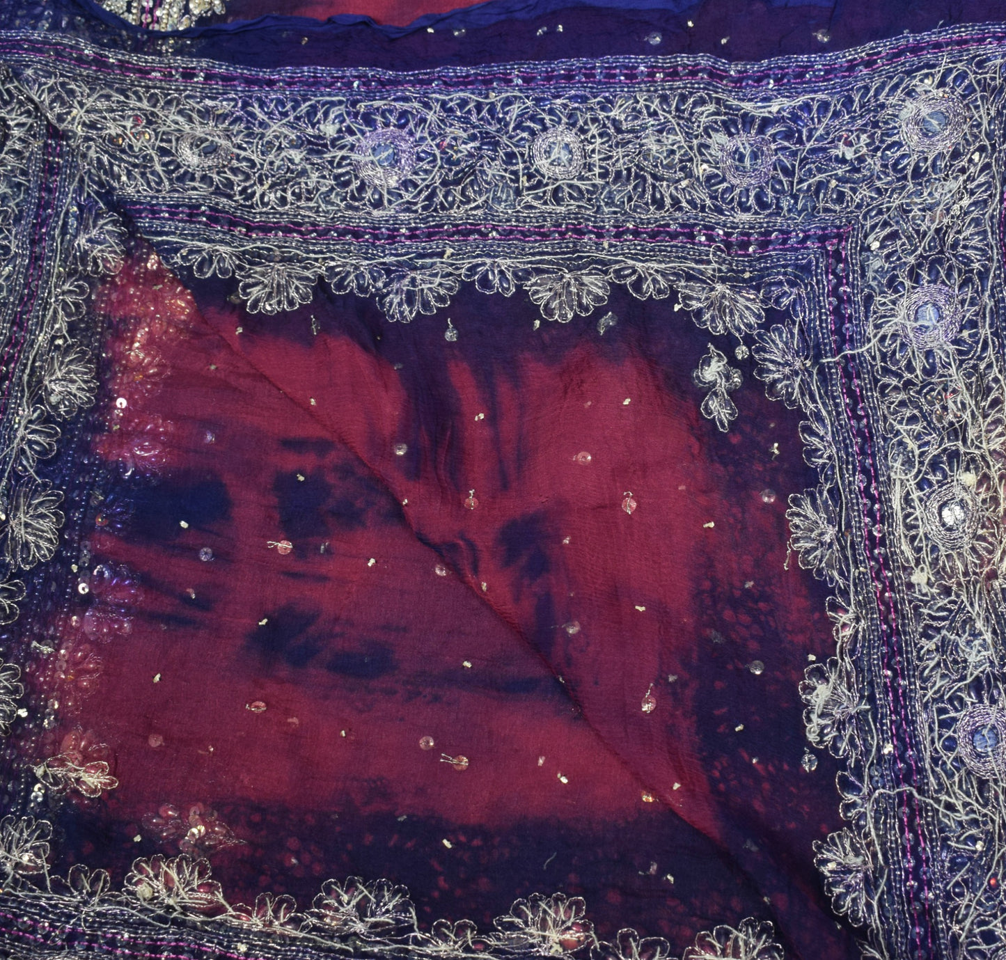 Sushila Vintage Hand Beaded Dupatta Pure Chiffon Tie-Dye magenta Long Stole