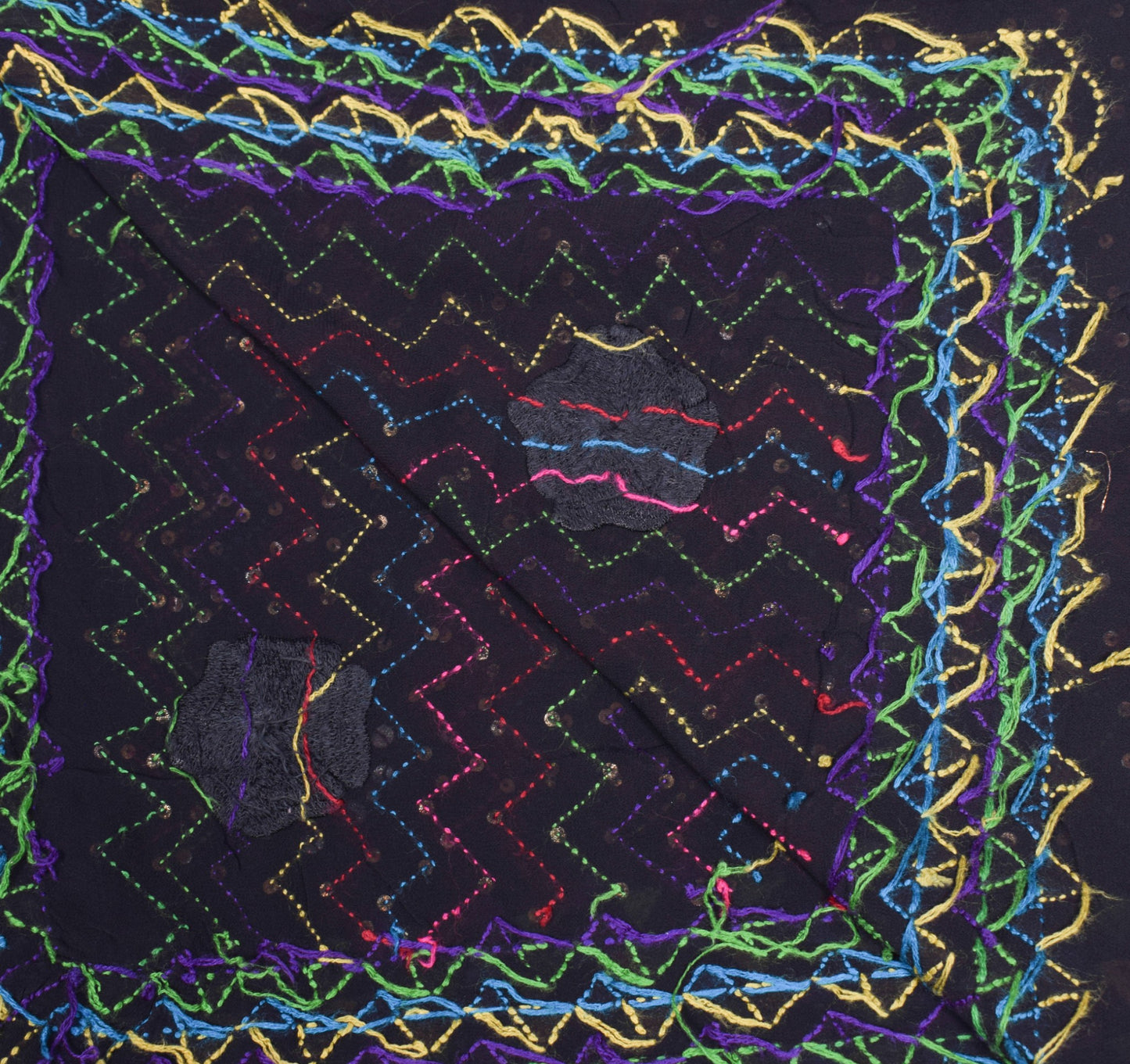 Sushila Vintage Punjab Phulkari Dupatta Black Pure Georgette Zig-Zag Long Stole