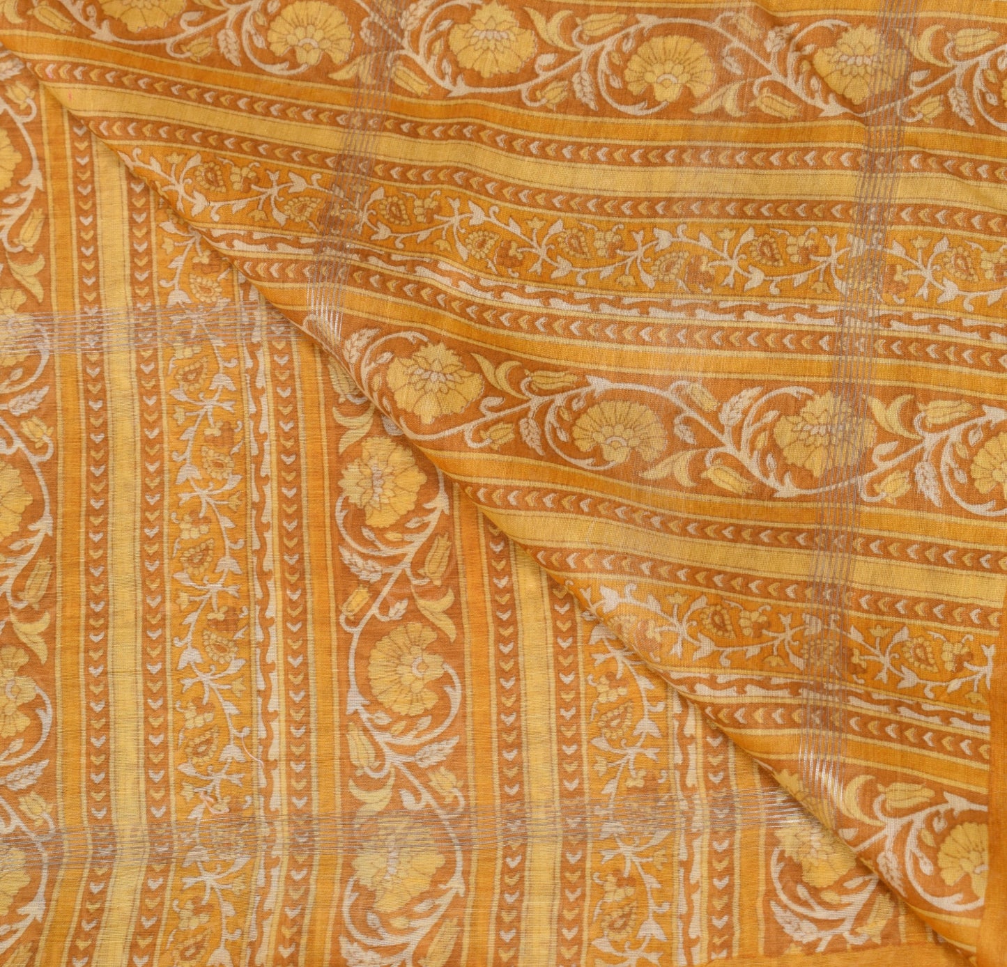 Sushila Vintage Mustard Floral Dupatta Pure Cotton Silk Hand Printed Long Stole