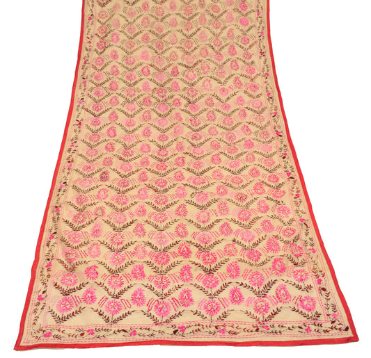Sushila Vintage Beige Heavy Dupatta Art Silk Handmade Phulkari OOAK Long Stole