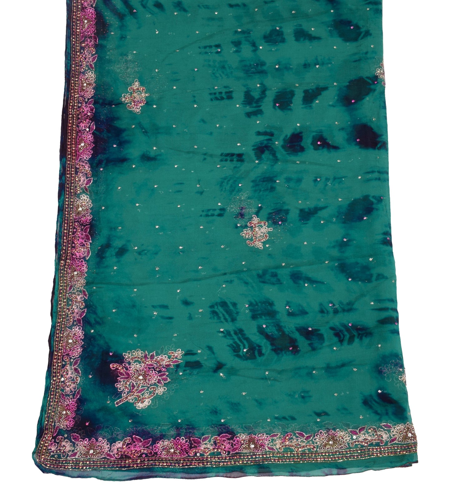 Sushila Vintage Teal Green Tie-Dye Dupatta Pure Chiffon Beads Work Long Stole