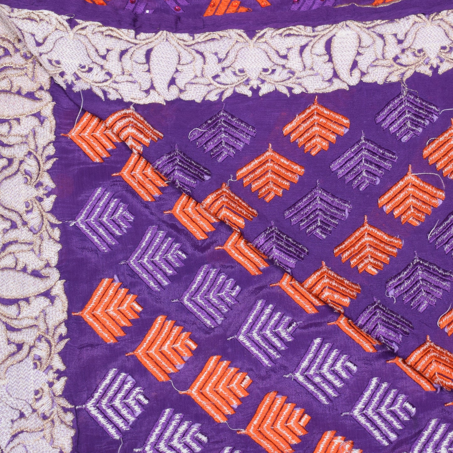 Sushila Vintage Purple Embroidered Dupatta Floral Pure Chiffon Indian Long Stole