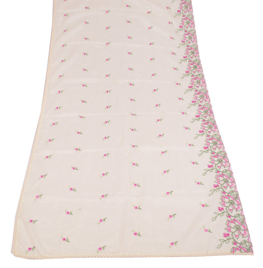 Sushila Vintage Floral Embroidered Dupatta Art Cotton Silk Cream Long Stole Wrap