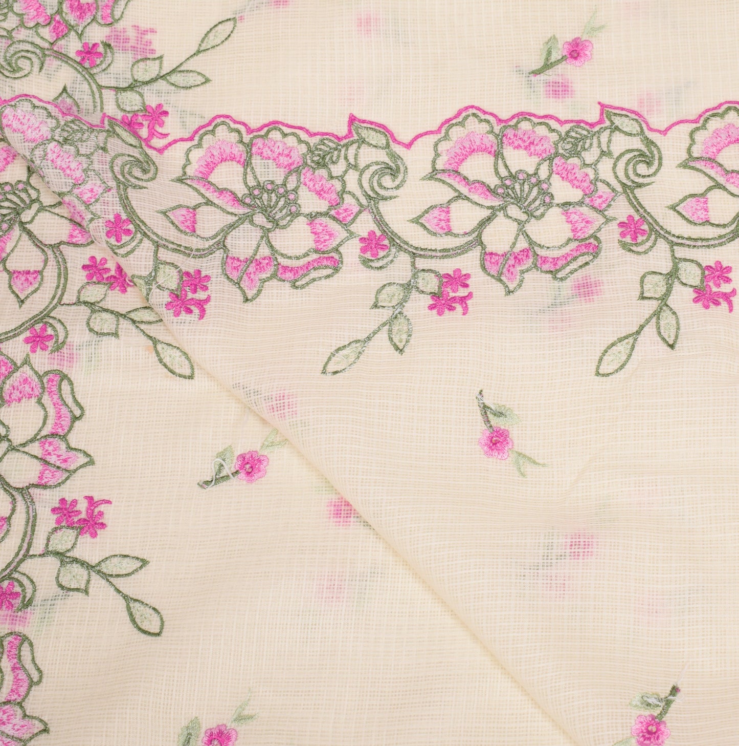 Sushila Vintage Floral Embroidered Dupatta Art Cotton Silk Cream Long Stole Wrap