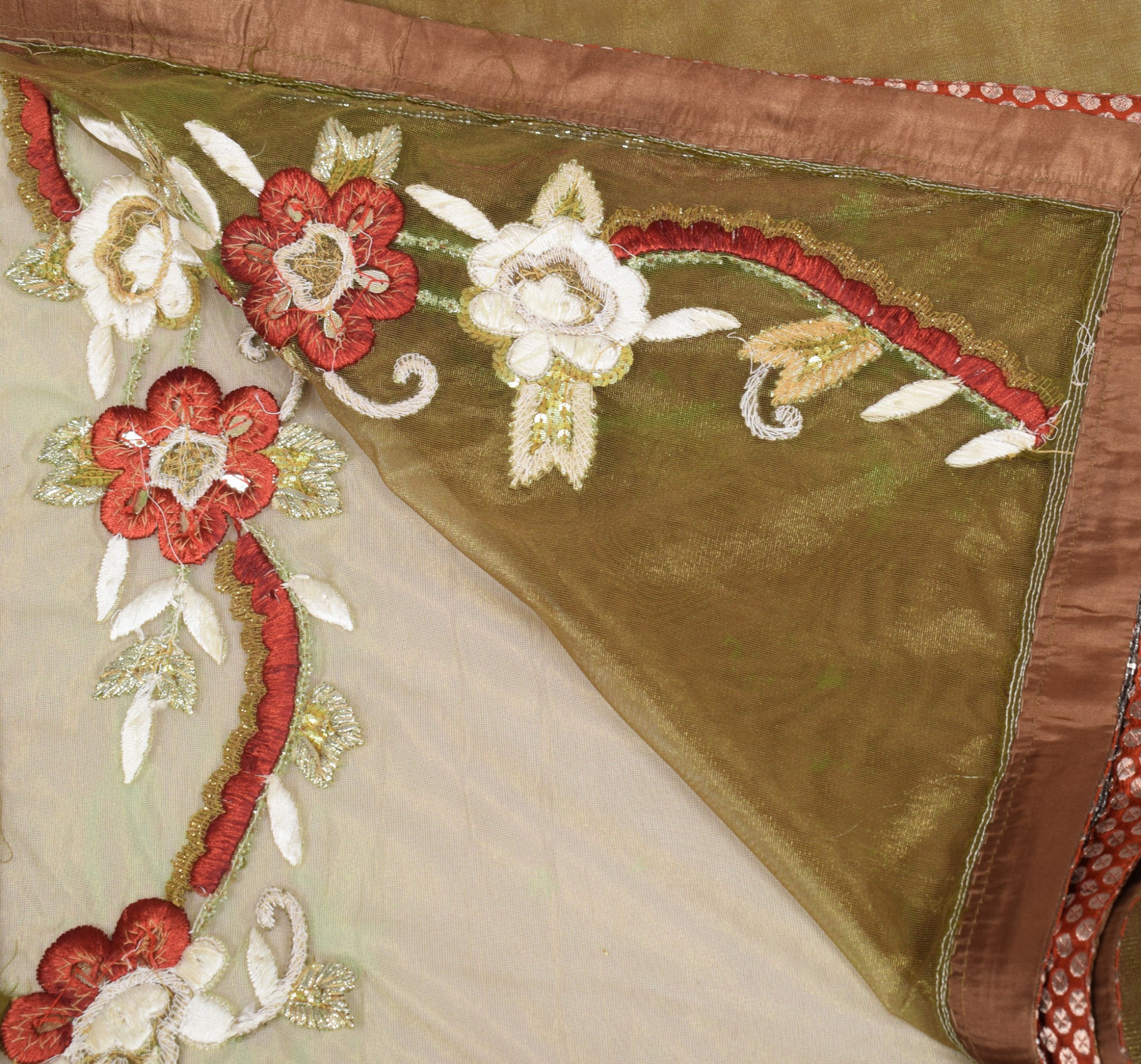 Sushila Vintage Greenish Brown Dupatta Glass Beads Embellish Net Mesh Long Stole