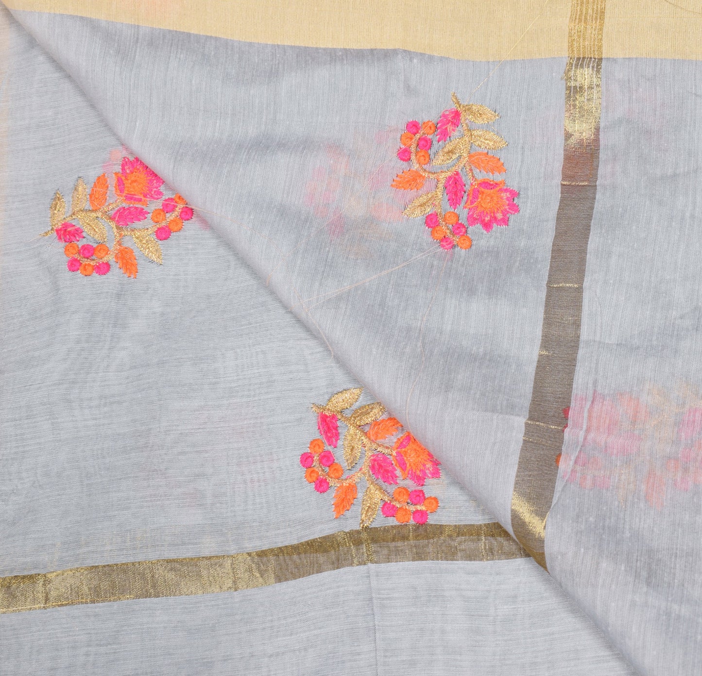 Sushila Vintage Floral Gray Dupatta Art Cotton Silk Embroidered Long Stole Wrap