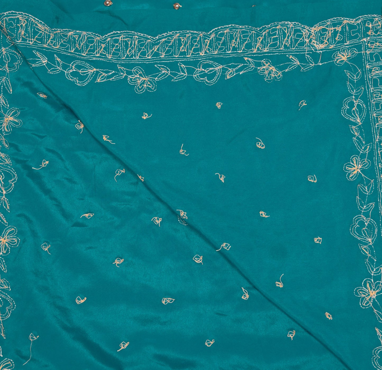 Sushila Vintage Teal Green Zardozi Work Art Silk Floral Wedding Long Stole Wrap