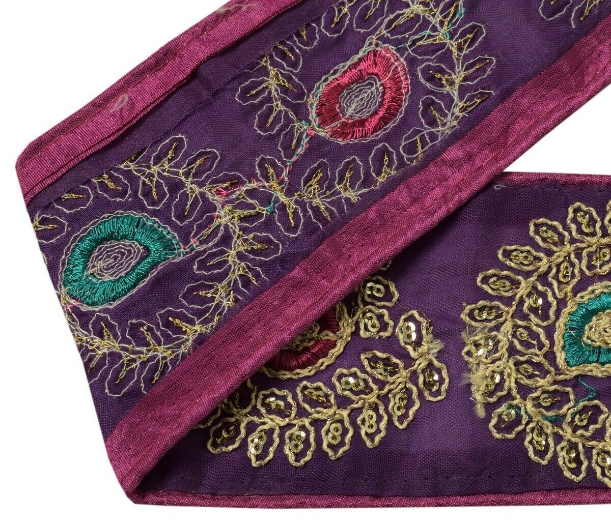 3" W Vintage Sari Border Indian Craft Trim Embroidered Purple Sewing Ribbon Lace