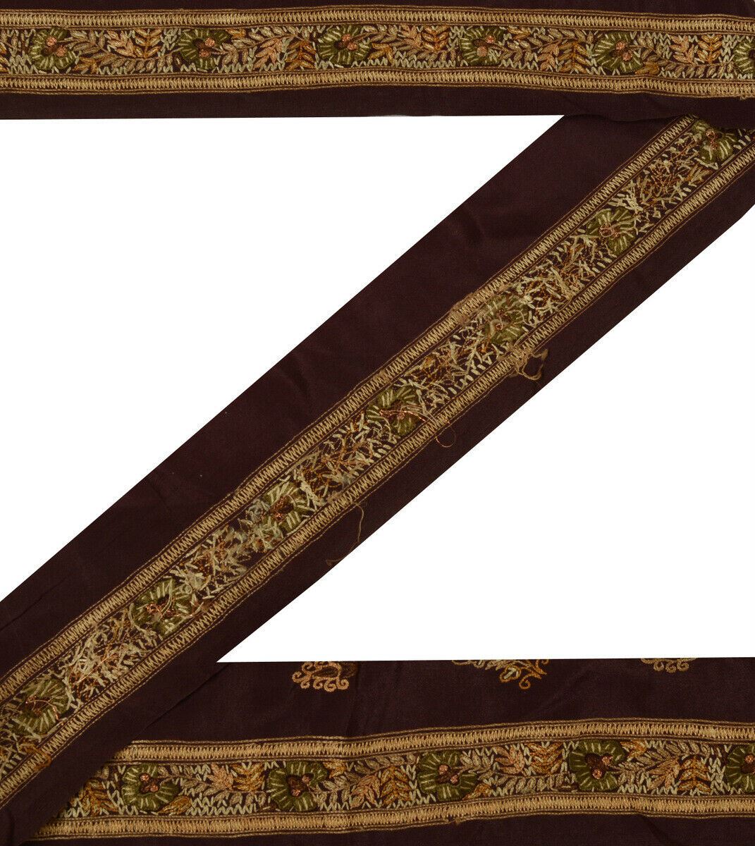 Antique Vtg Saree Border Indian Craft Trim Hand Embroidered Garnet Ribbon Lace
