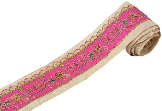 Antique Vintage Saree Border Craft Trim Hand Beaded Embroidered Magenta Lace