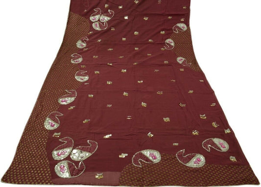 Vtg Saree 100% Pure Georgette Silk Patch Work Scrap Fabric Craft Deep Mauve Sari
