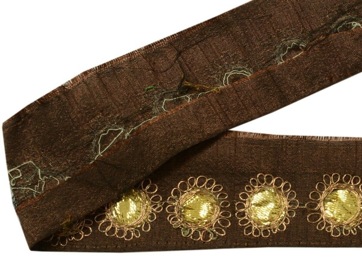 Vintage Sari Border Indian Craft Trim Embroidered Gota Patti Lace Dark Brown
