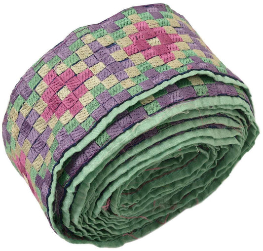 Vintage Sari Border Indian Craft Trim Embroidered Multi Color Checks Lace Ribbon