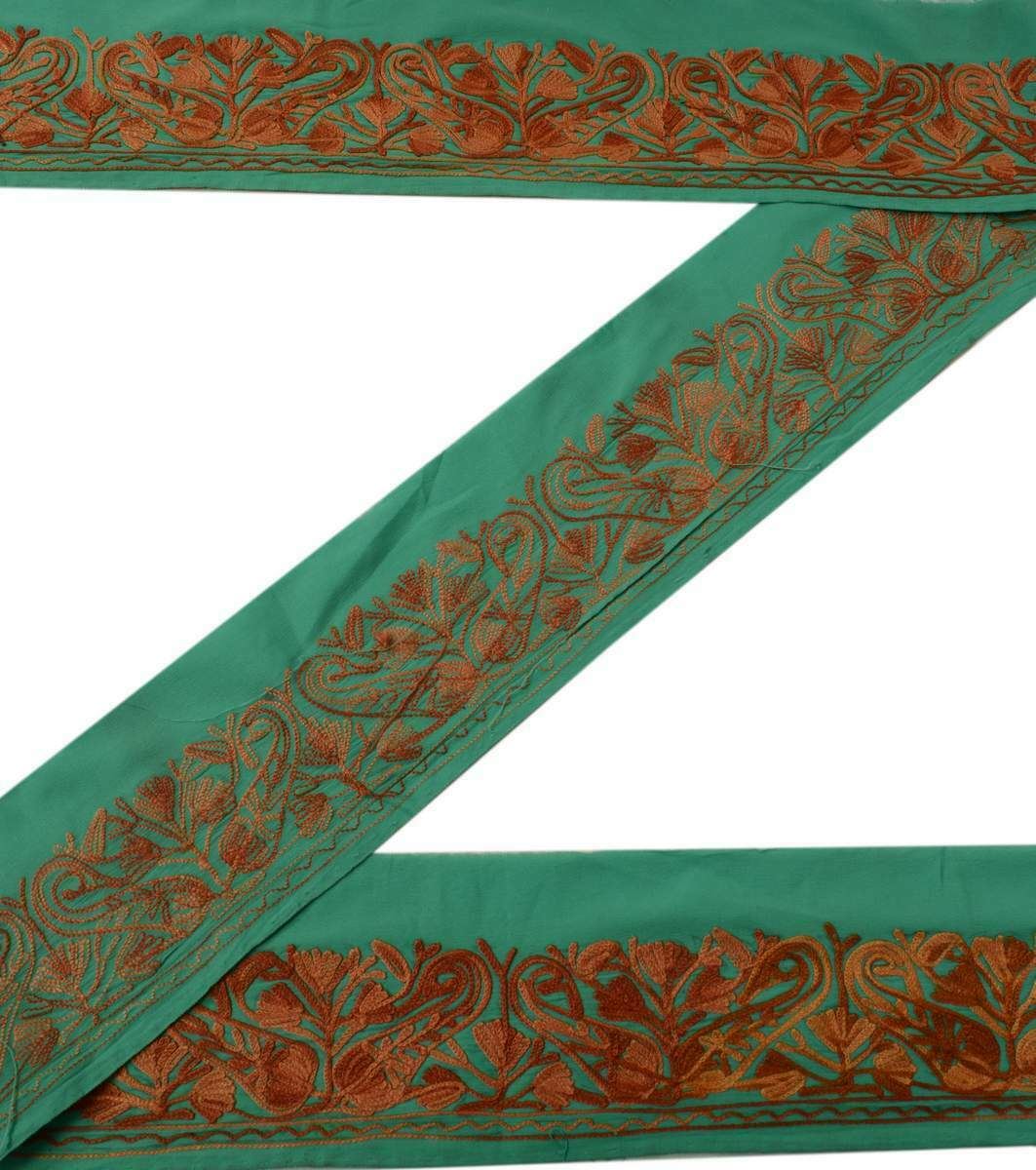 2.5" W Vintage Sari Border Indian Craft Trim Embroidered Green Lace Ribbon