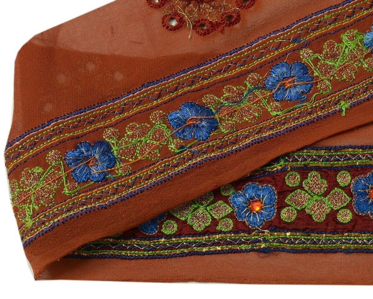 Vintage Sari Border Indian Craft Trim Embroidered Beaded Ribbon Lace Maroon Rust