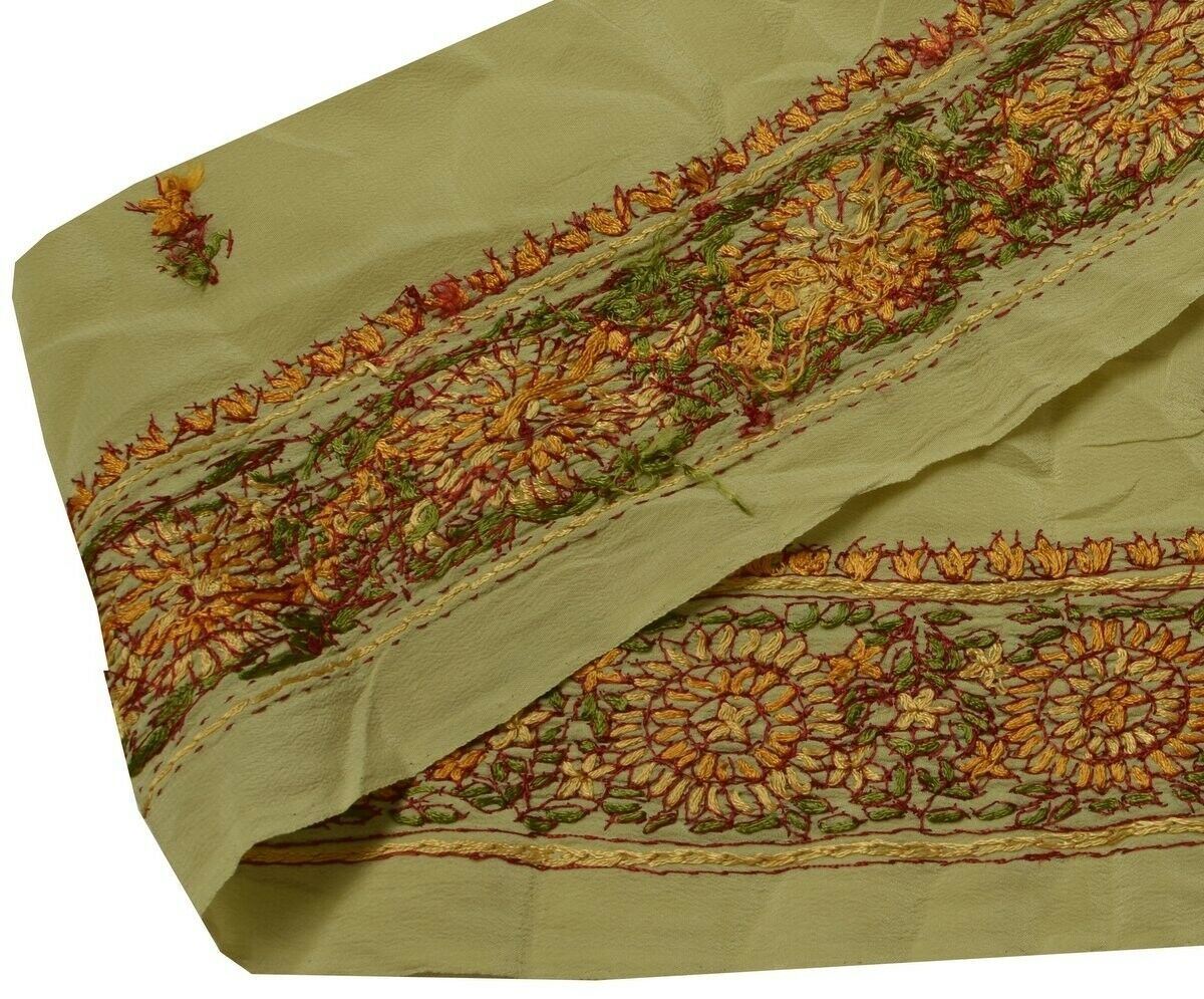 Vintage Sari Border Indian Craft Trim Hand Embroidered Light Green Ribbon Lace